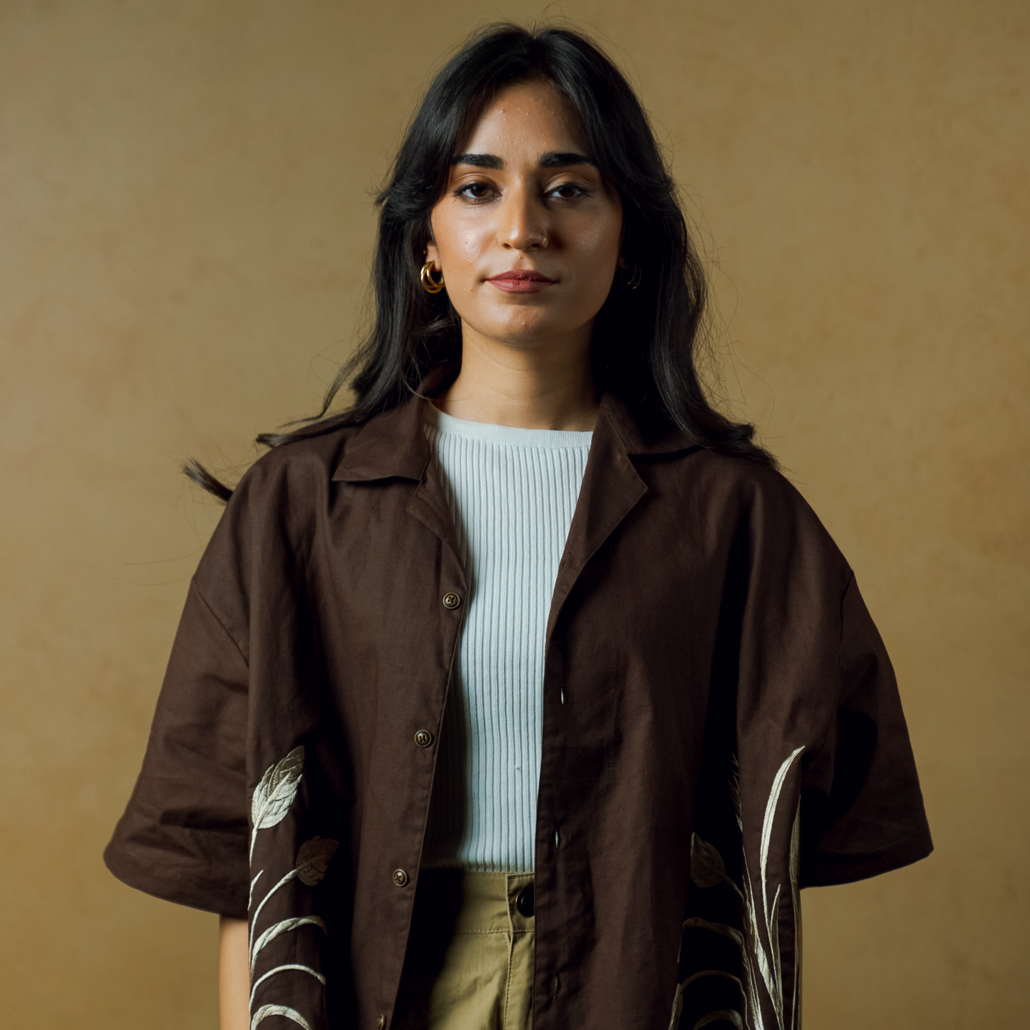 Dark Brown- Boxy Fit Embroidered Linen Shirt