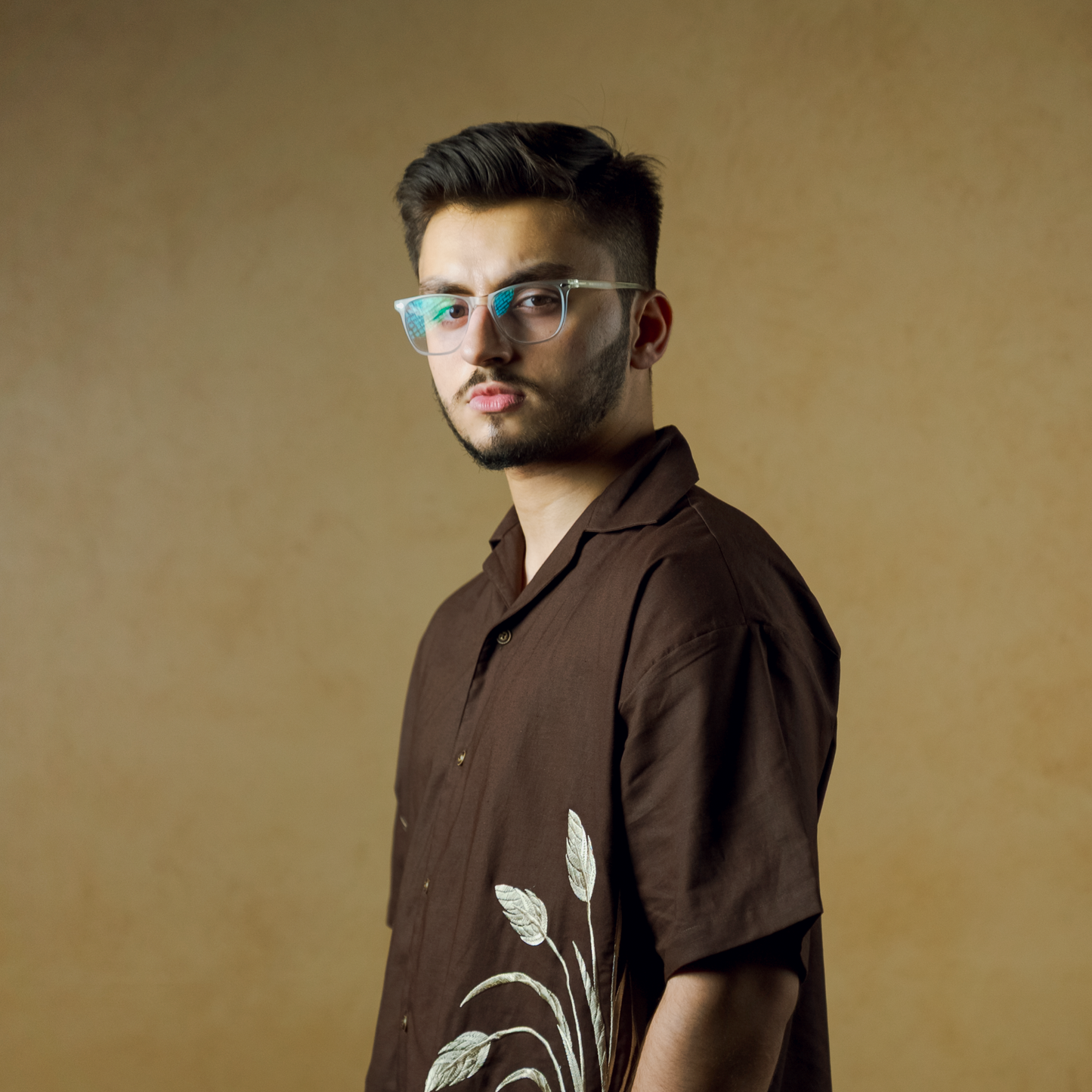 Dark Brown- Boxy Fit Embroidered Linen Shirt
