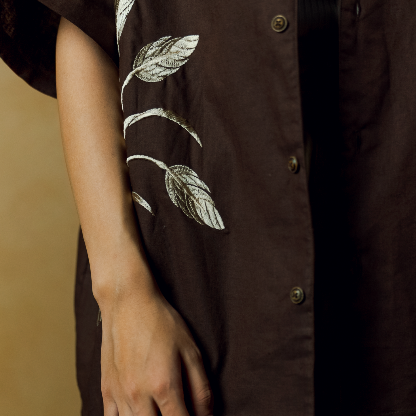 Dark Brown- Boxy Fit Embroidered Linen Shirt