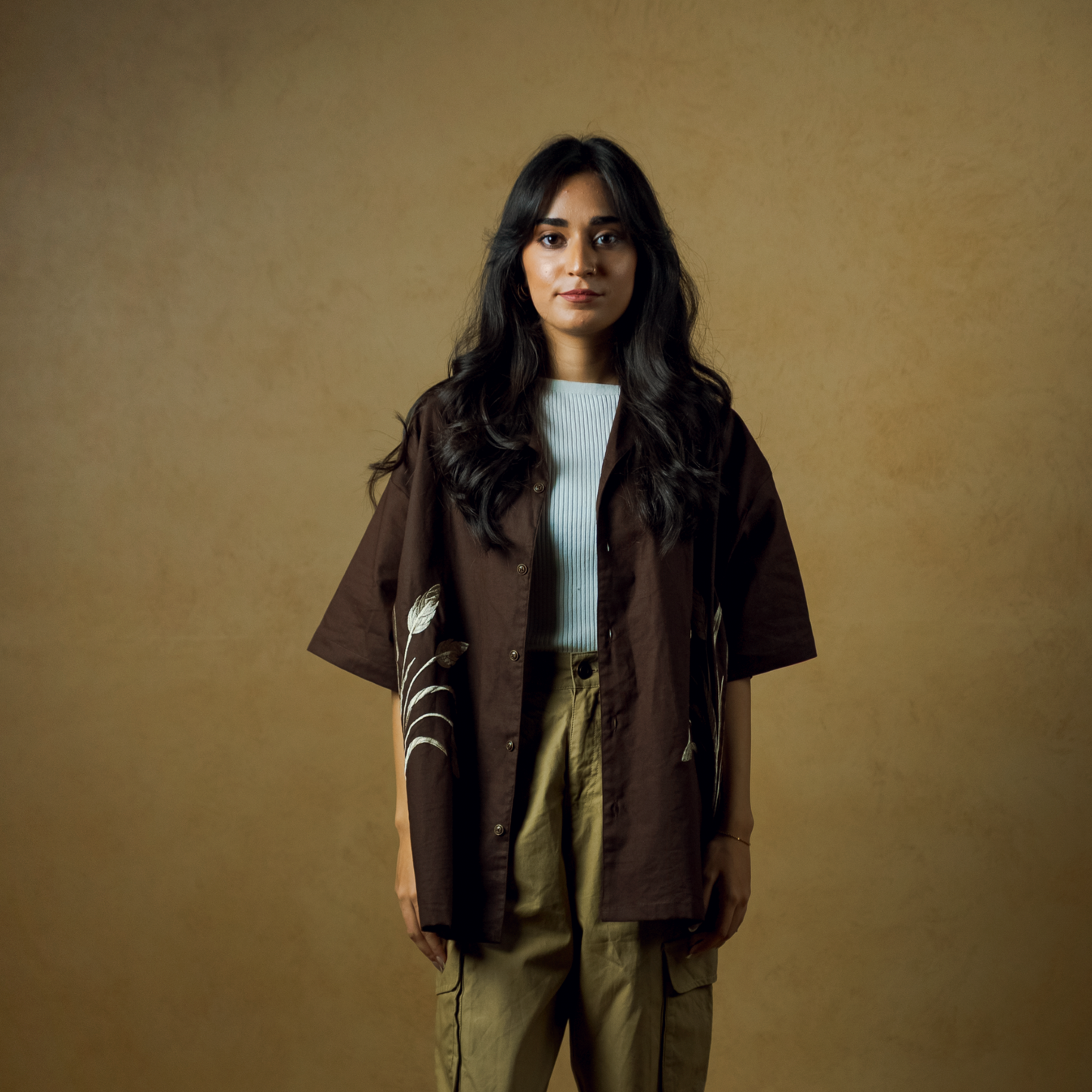 Dark Brown- Boxy Fit Embroidered Linen Shirt