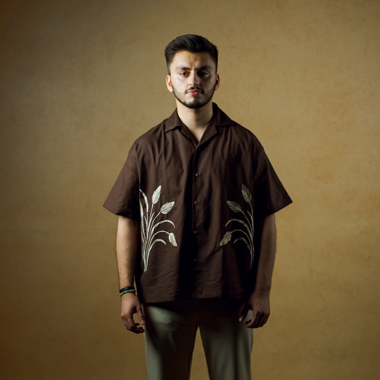 Dark Brown- Boxy Fit Embroidered Linen Shirt