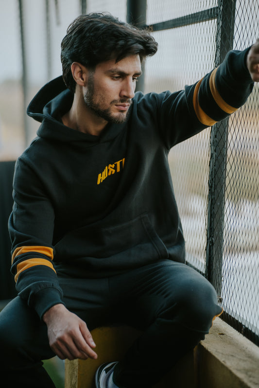 Black Hoodie with Mustard Stripes